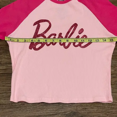 NWT Glitter Barbie Long Sleeve Cropped Shirt Pink Size Large