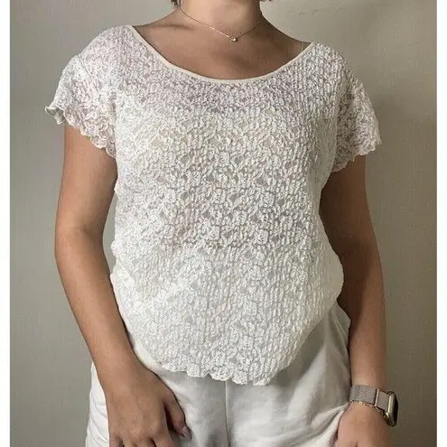Escapades White Lace Vintage Sheer Stretchy Short Sleeve Top Small Coquette