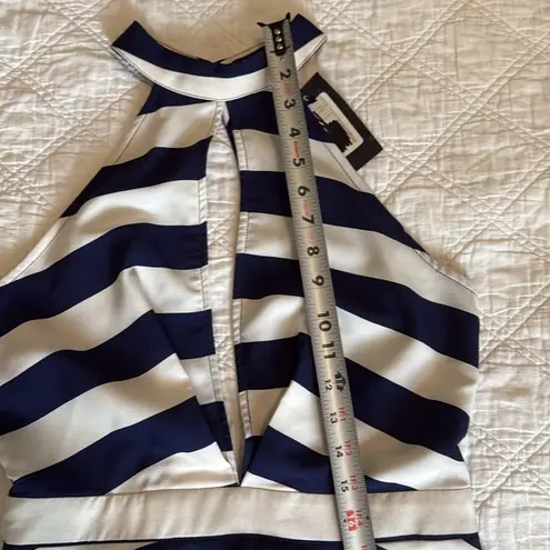 NWT Luxe Blue and White Halter Fit and Flare Mesh Back Cocktail Dress Size L Size L