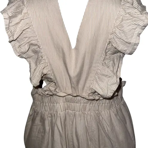HAYDEN LOS ANGELES Ruffle Strap Wide Leg Pin Striped Cotton Jumpsuit EUC Small Tan