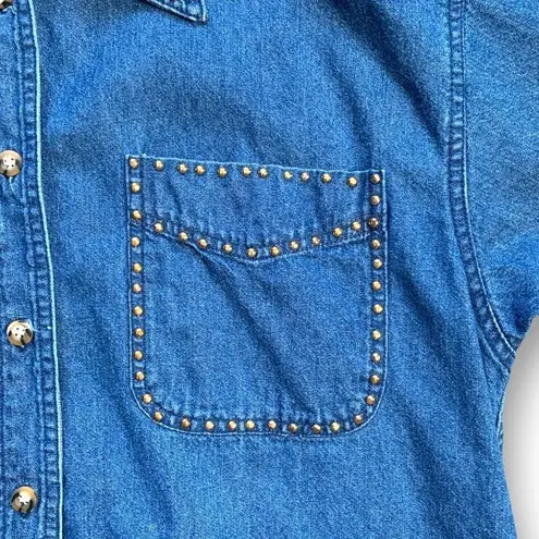 Vintage Sunbelt Denim Shirt Medium Wash Chambray Denim Short Sleeve Gold Stud Blue