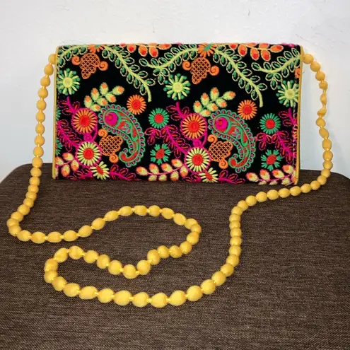 Handmade Black, Yellow, & Pink, Embroidered Purse Clutch