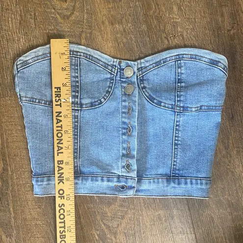 VINTAGE DENIM BUSTIER WITH BUTTON FRONT AND SHEERING IN BACK TO LOOK SNATCHED IN Blue