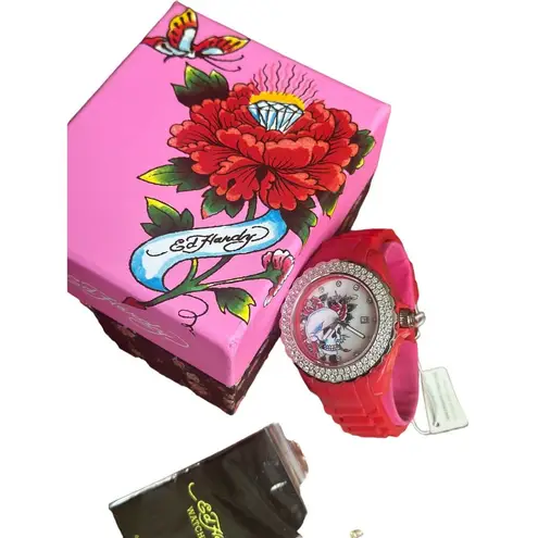 Ed Hardy NIB Love Kills Slowly Watch Swarovski Crystals & Red Pink Band Y2K