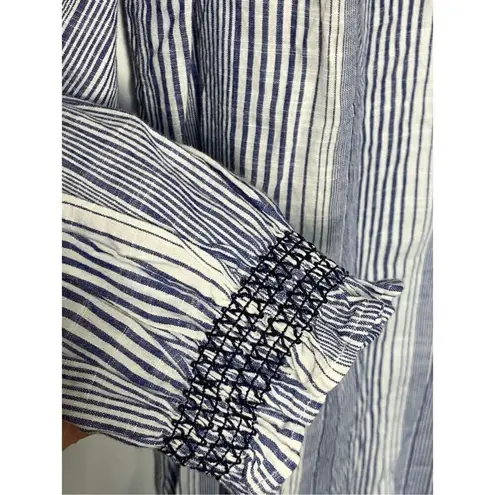 Gap  Women's Cotton Tie-Neck Long Sleeve Peasant Top Blouse Striped Blue Medium