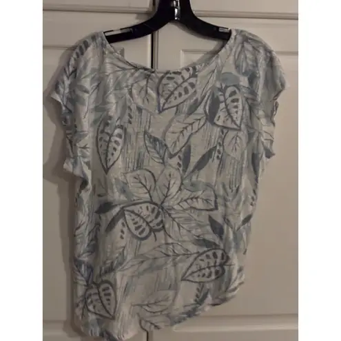 Tahari XL Linen T-Shirt Blue White Leaf Print Short Sleeve Casual Top
