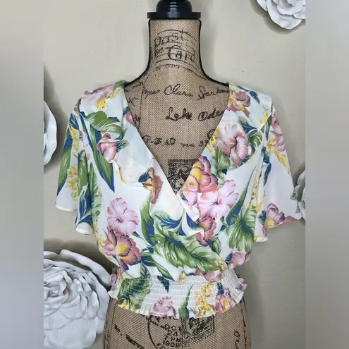 NTM: June & Hudson Ruffled Tropical Print Ivory Crop Top Blouse Size Small White