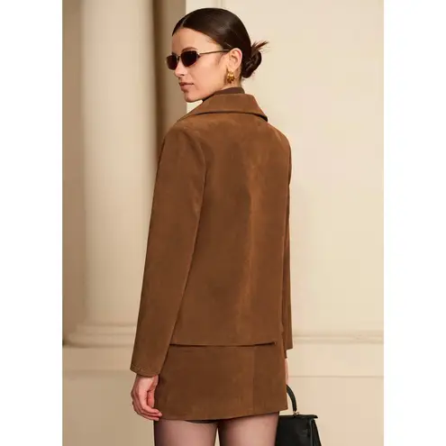 Commense Suede Zip Front Bomber Jacket Minimalist Contemporary Camel Brown XS
