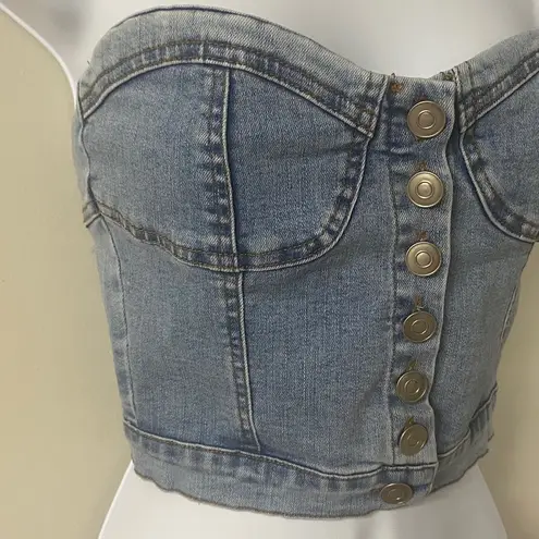 VINTAGE DENIM BUSTIER WITH BUTTON FRONT AND SHEERING IN BACK TO LOOK SNATCHED IN Blue