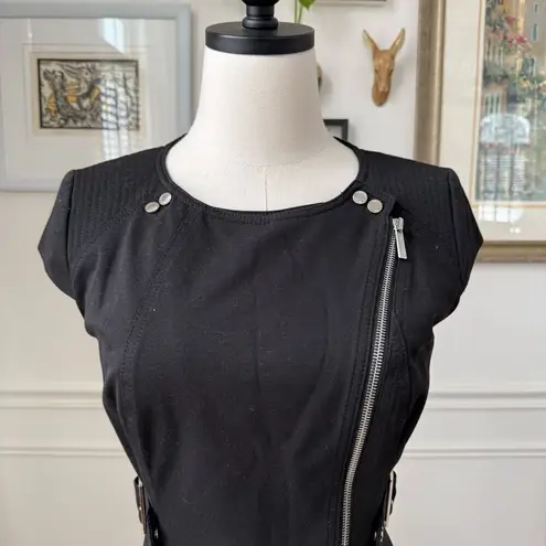 Karen Millen Black Sheath Moto Pencil Dress Silver Offset Zipper Snap $298 8