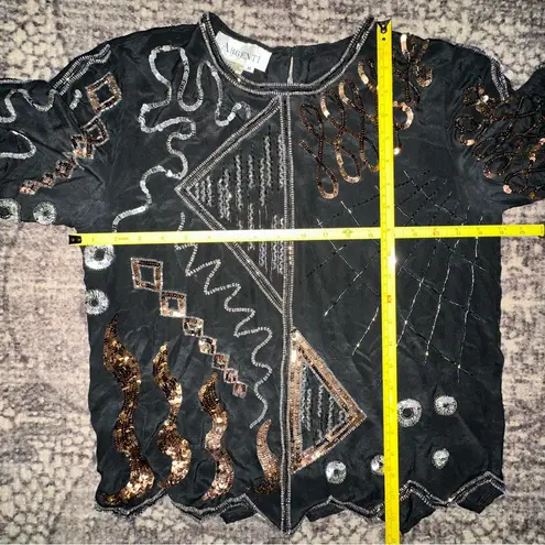 Argenti Vintage Women’s M Black Silk Multi Color Beaded Sequin Party Evening Top Size M