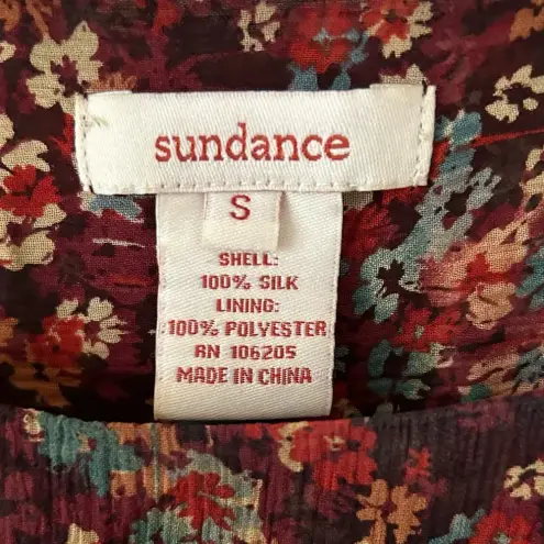 Sundance Dress Midi 100% Silk Floral Burgundy Tulip Sleeve Romantic Boho Size S