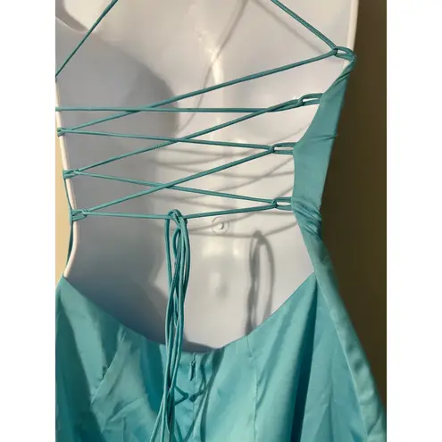 Meshki Baby Blue Satin Mini Dress Spaghetti Straps Backless Lace Up Size S
