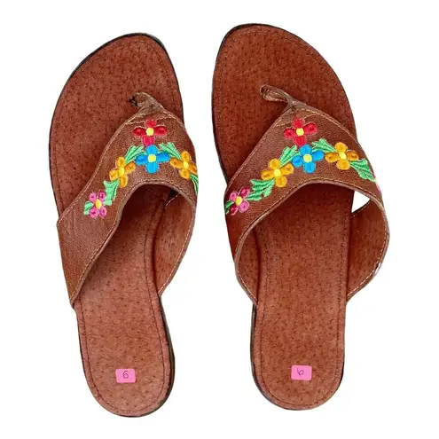 Mexican Sandals Open Toe Wedge Faux Suede Floral Embroidered Brown US 8