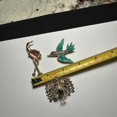 Flamingo , Peacock, Flying Bird Lot Of 3 Rhinestone Gold Tone Brooch Pins