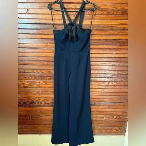 Jay Godfrey Dryden Bow Pleated Jumpsuit Wide Leg Navy Blue Size 2 Black Satin