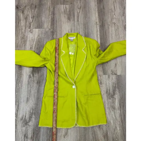 Vintage Y2K Bloomingdales Petites Womens Lime Green Linen Blazer Jacket Size 6