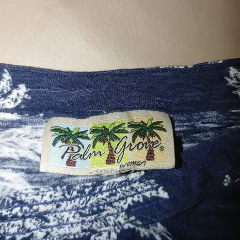 Palm Groove Blouse Top Women 2X Palm Trees Accent Button Quarter Sleeve Rayon