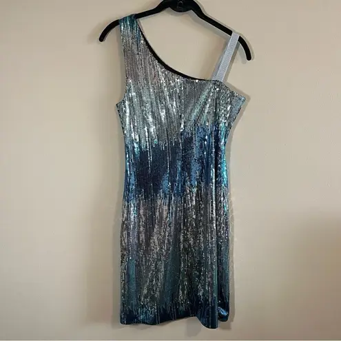 AUW ✨ Women’s Silver Blue Sequin One Shoulder Mini Dress