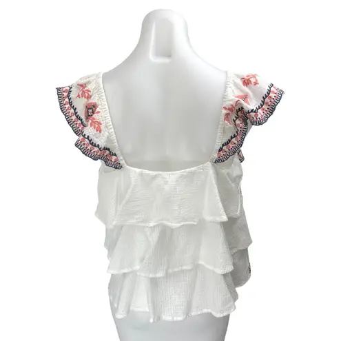 Skies Are Blue White Floral Embroidered Ruffle Tiered Tank Blouse Top Size L