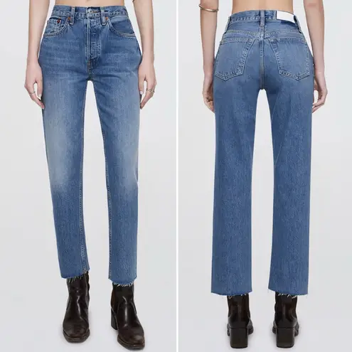 RE/DONE 70s Stove Pipe Jeans in Medium Vain Sz 25 High Rise Raw Hem Rigid Denim