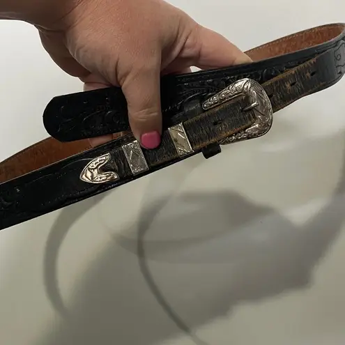 Western black embossed leather belt made in the USA silver buckle womens size 40