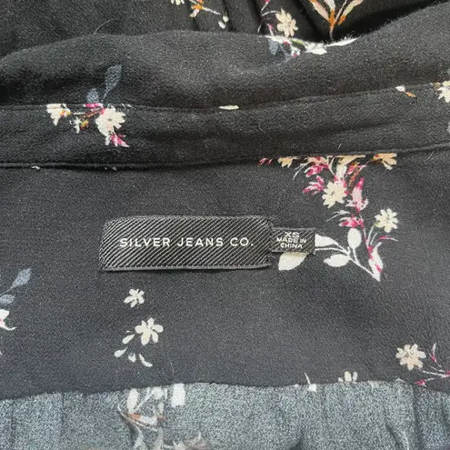 Silver Jeans Black Floral Smocked Waist Collared Peasant Blouse