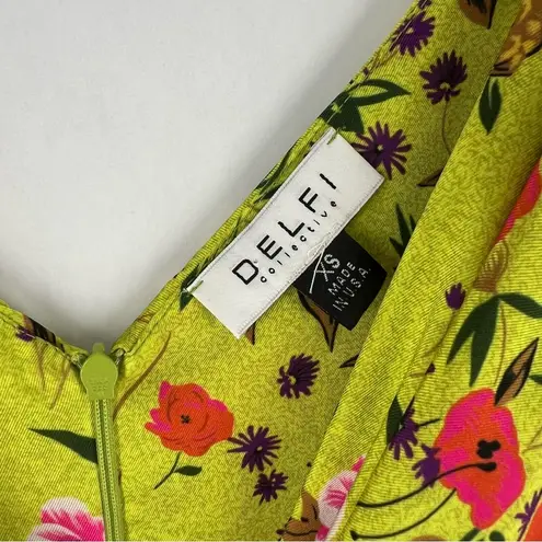 DELFI Collective Silk Floral Twisted Front Plunging V Neck Faux Wrap Mini Dress Green Size XS