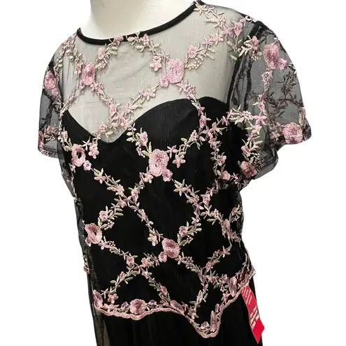 Candalite Dress 1X Black Pink Embroidered Floral Mesh Classic Formal Whimsygoth
