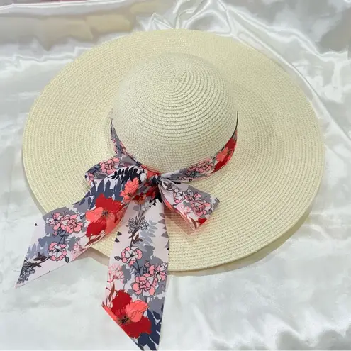 Straw Sun Hat Wide Brim Floral Bow 100% Grass Small Beachy Summer Chic Vacation Pink