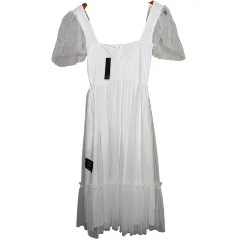 NWT Lulus Dreamy Celebration Sheer Tulle Bustier Swiss Dot Midi Dress S White