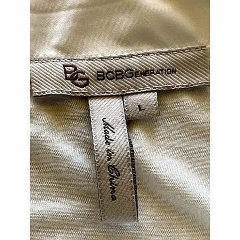 BCBGeneration  Ivory White Boatneck Rayon Satin Trim Top Button Back Semi Sheer L