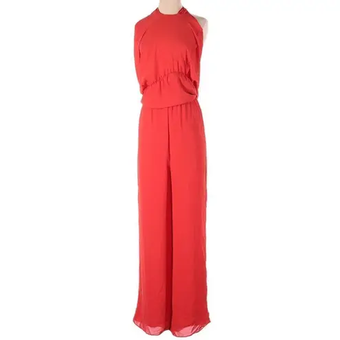 Krisa  Retro 70s Wide Leg Strapless Tie Front Chiffon Jumpsuit- Vermilion Size XS