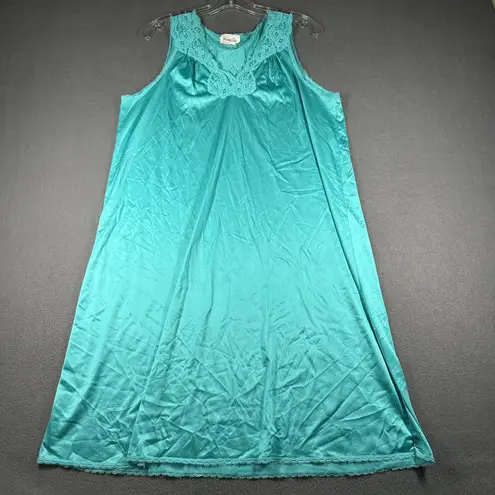 Vanity Fair Vintage Nightgown Womens Medium Teal Lace Chemise Made USA 90s