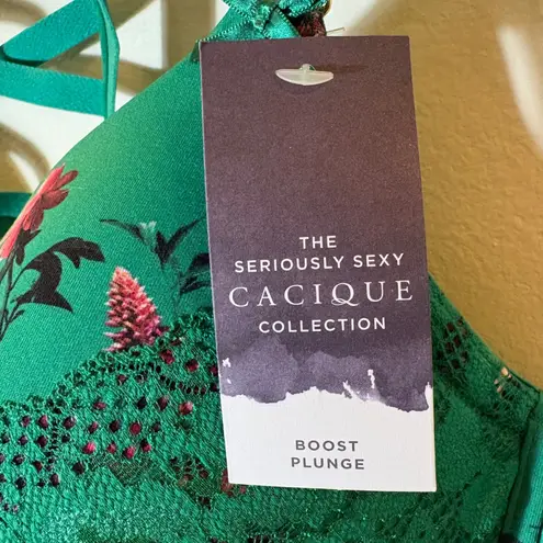 Cacique NWT Seriously Sexy Emerald Floral Boost Plunge Bra 46C Lattice Back