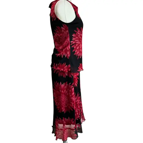 Vintage 90s Party Stretchy Mesh Floral Red Black Grunge 2 Piece Skirt Set Sz L Size L