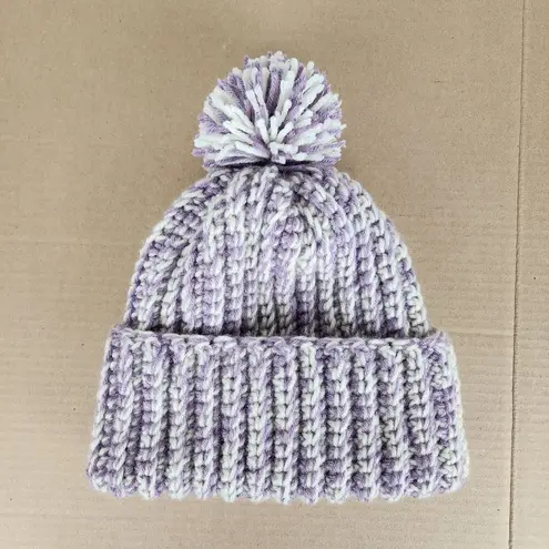 Crochet Handmade Chunky Ribbed Beanie Cream Purple Pompom Warm Hat Cap