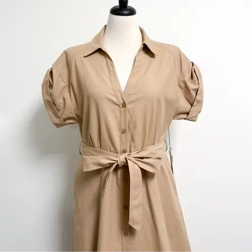 Brochu Walker Sahara Beige Fia Belted Button Up Short Sleeve V Neck Dress Large