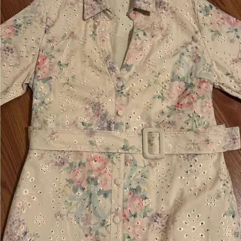 Solitaire Solitare Floral Eyelet White Shirt Button Down Dress with Belt Spring Size M