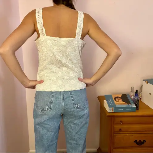 Vintage White Floral Lace Tank Top Square Neckline Size L