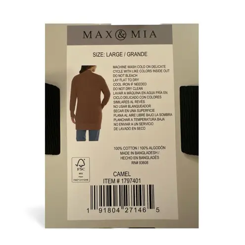 Max & Mia NWT Women's Open Front Long Sleeve Cardigan Camel (Brown) L - Image 7