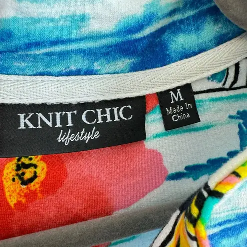 Knit Chic Colorful Beachy Floral Print Full Zip 3/4 Sleeve Jacket Pockets Size M White Size M