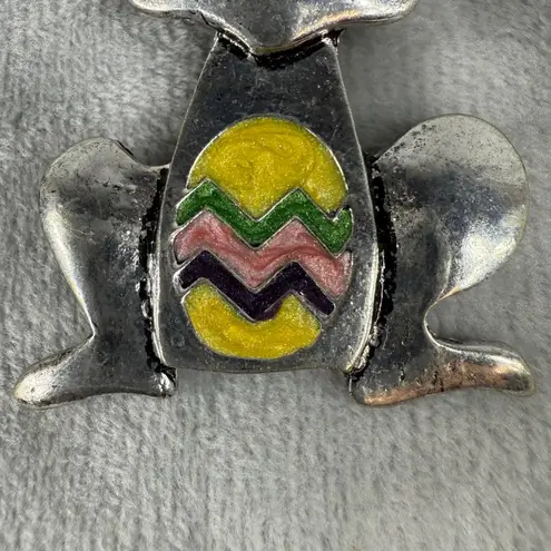 Bunny Rabbit Brooch Pendant Colorful Easter Egg Design Blue Rhinestone Eyes Silver