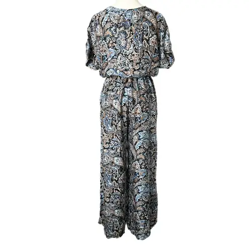 J McLaughlin Marea Wide Leg Jumpsuit Black Blue Paisley Print Silk Size Medium