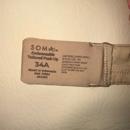 Soma Embracable Tailored Push Up Bra 34A Nude Underwire Adjustable Straps