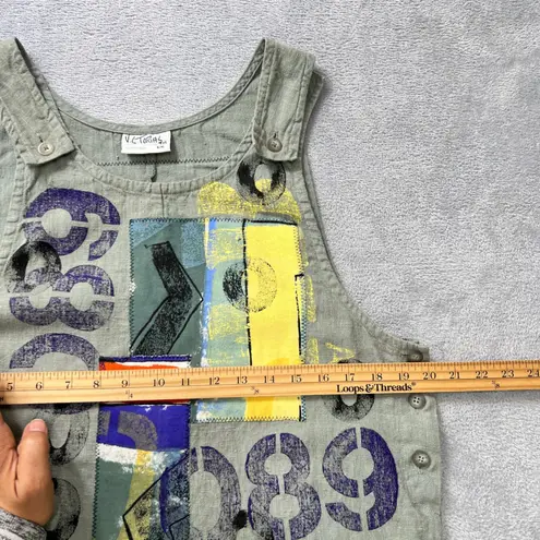 Vtg. V.C. Torias Linen Art Jumper Dress S/M Hand Painted Patchwork Made in USA Green Size undefined