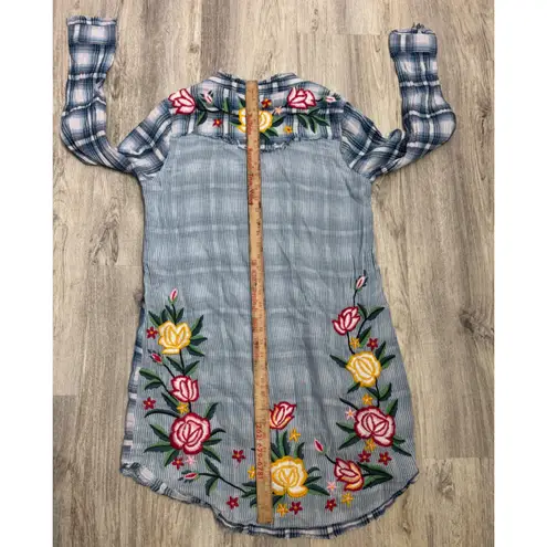 Kyla Seo Plaid Tunic Dress Embroidered Flowers Button Up Size Large Blue