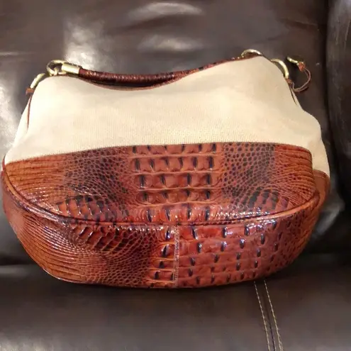 Brahmin Canvas and Warm Brown Crocodile Leather Shoulder Bag with Medallion