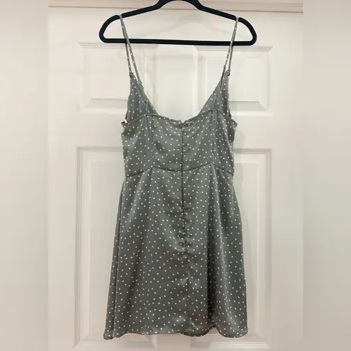 NWT Lulus Spot in My Heart Sage Grey Polka Dot Satin Cowl Neck Mini Dress sz Med Gray
