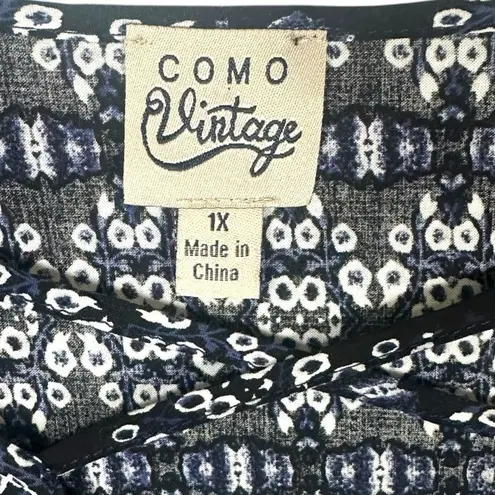 Como vintage blue ruffle hem boho tunic top multi print flare sleeve plus sz 1x